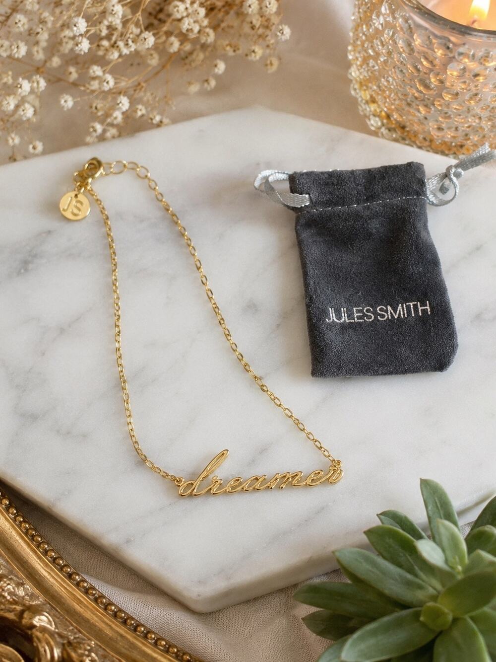 Jules Smith Dreamer Necklace 14K Gold Plated Script Necklace 18” + 2” Extend NWT